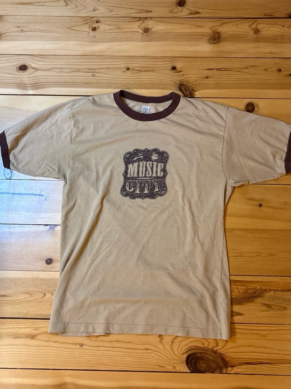Beige Ringer Tee with Brown Trim and 'Music City' Graphic